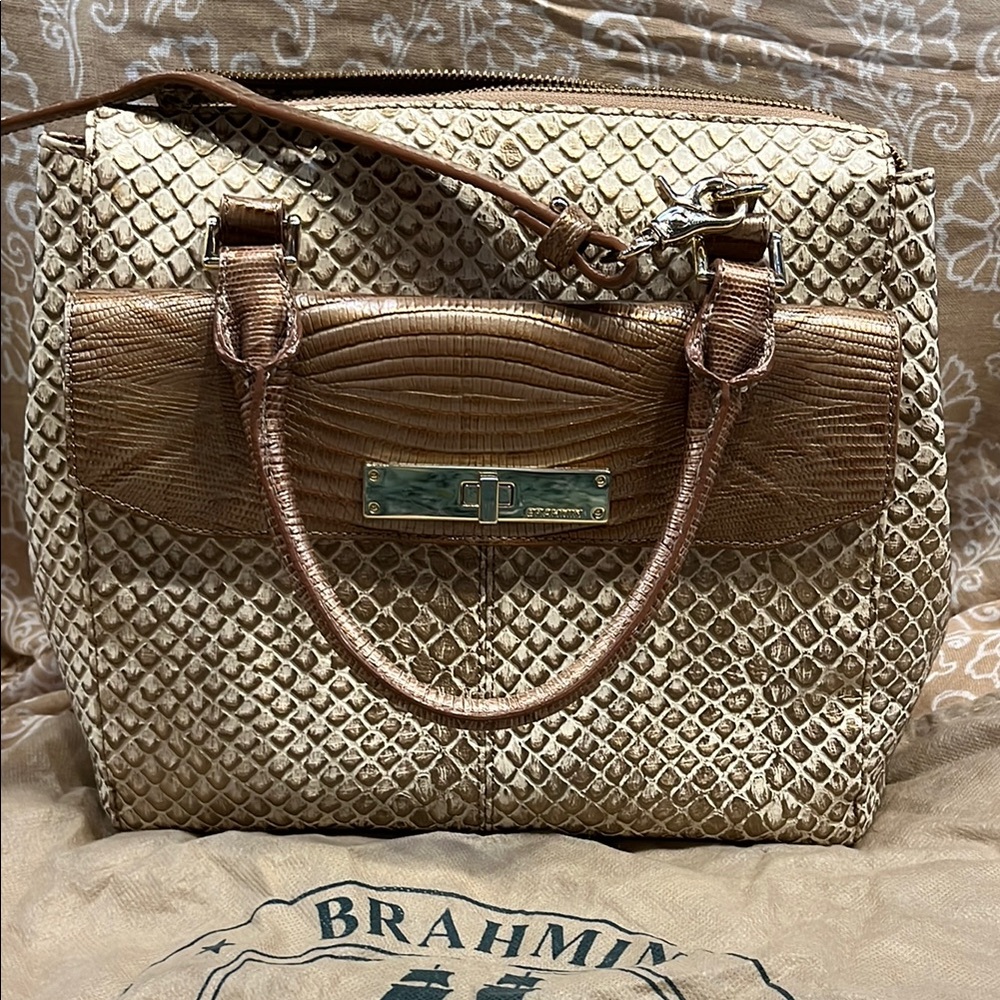 Brahmin Gold and Tan Textured Leather Satchel